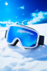 Pair of ski goggles laying in the snow on sunny day. - obrazy, fototapety, plakaty