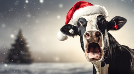 Udderly Joyful Holidays - A Black and White Cow Wearing a Santa Hat, Adding Some Humorous Christmas Cheer - obrazy, fototapety, plakaty
