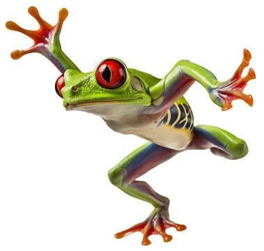 A funny dancing red-eyed tree frog isolated on a white background as transparent PNG