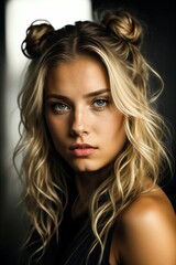 Naklejka premium Close-up portrait of a young blonde girl with bangs