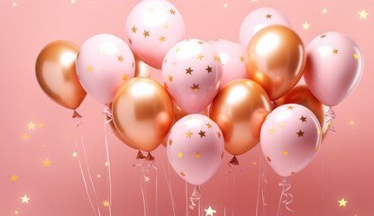 Birthday party scene with golden and pink balloons with confetti on pink background