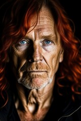 Close up dark portrait of red-haired old man with long hair