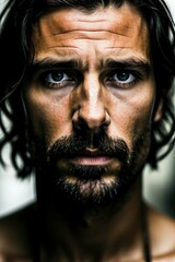 Obraz premium Close-up dark portrait of a middle-aged man with dark hair