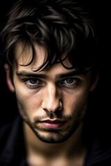 Obraz premium Close up dark portrait of a young man with dark hair