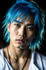 Fototapeta na wymiar Close-up portrait of a young Asian male model with neon blue hair