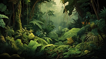A dense jungle with leaves transitioning from deep jungle green to lime green.
