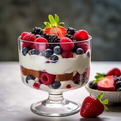  Strawberry and blueberry dessert with whipped cream and fresh berries