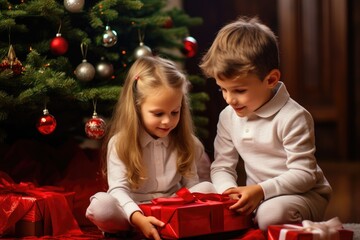 Fototapeta na wymiar Little brother and sister looking at gifts under the tree for the New Year