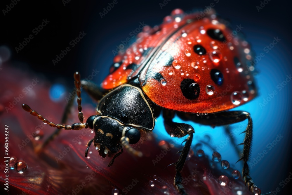 Poster a close up of a red and black bug on a leaf. generative ai