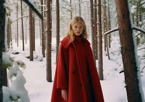 Beautiful woman fashion model wearing red coat walking through winter forest with snow.AI Generative