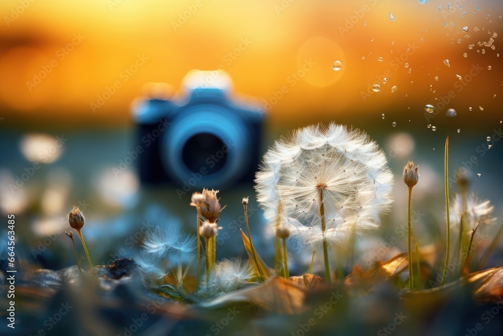 Poster a dandelion with water droplets and a camera in the background. generative ai
