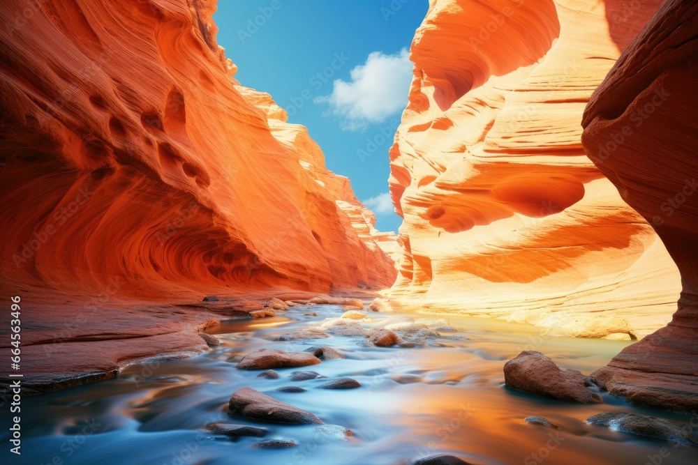 Poster a narrow canyon with a river running between it and rocks. generative ai