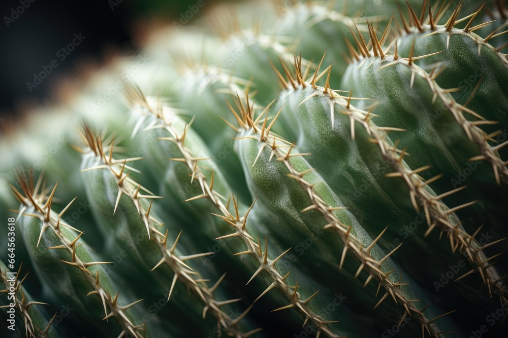Poster a close up of a green cactus with long needles on it. generative ai