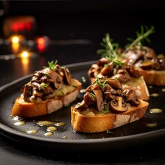 Bruschetta with mushrooms and thyme on a wooden board