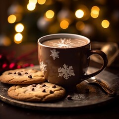 Cup of coffee with cookies on wooden table in front of Christmas lights