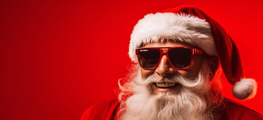 Santa Claus in Sunglasses Smiling on a Red Background: Social Media Portraiture Style
