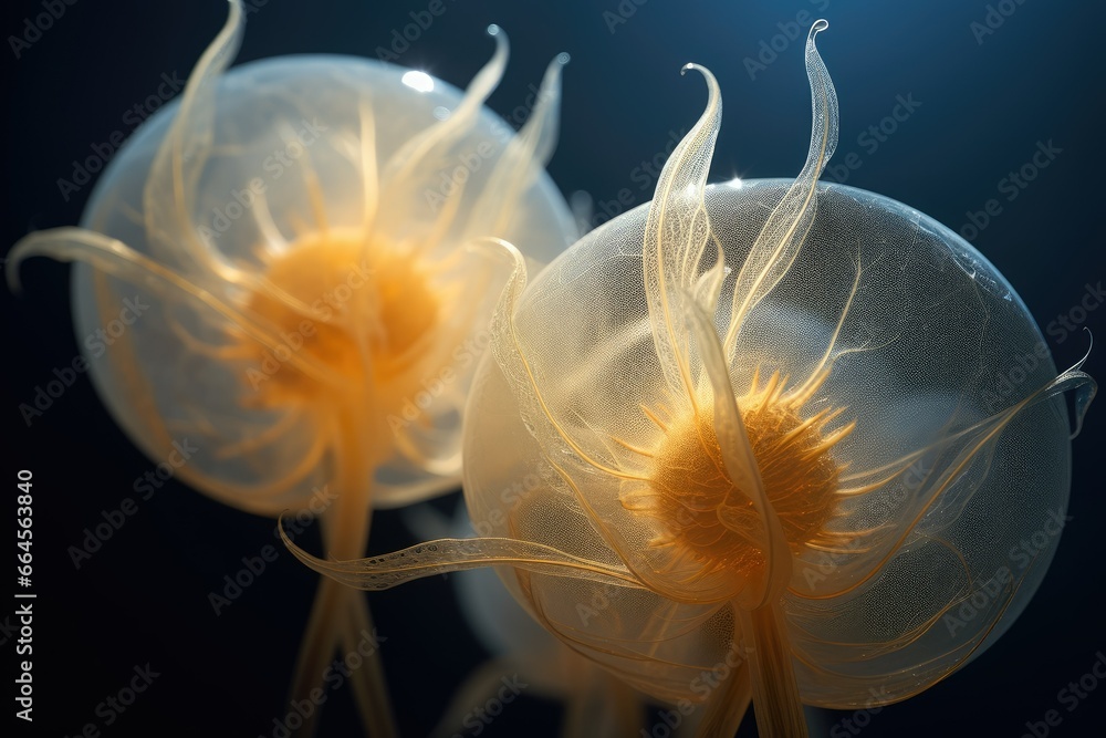 Poster a close up of two jelly like objects on a black background. generative ai