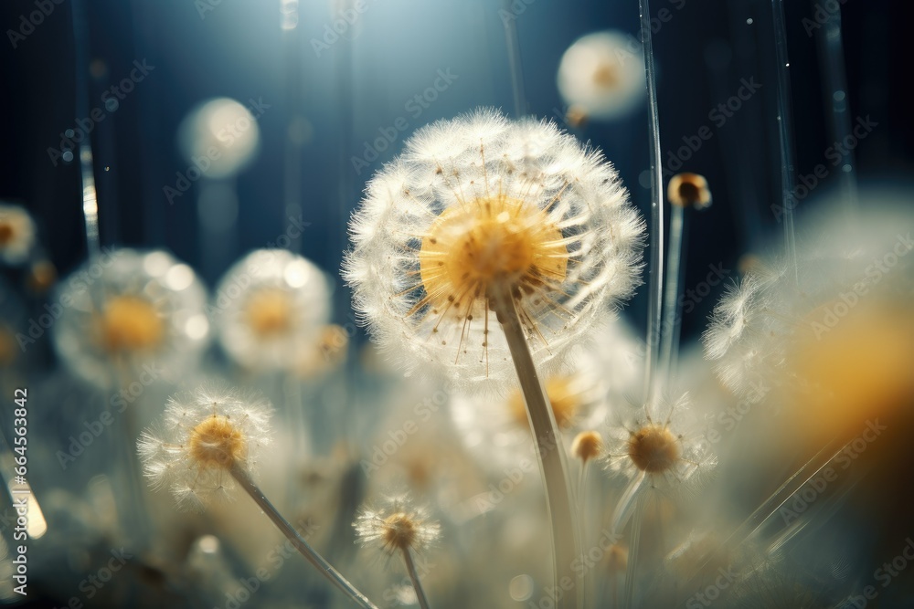 Poster a close up of a bunch of dandelions in a field. generative ai