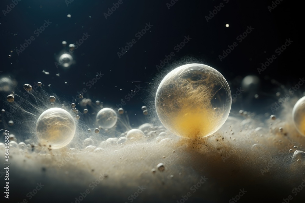 Poster a group of bubbles floating on top of a liquid filled surface. generative ai