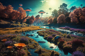 alien planet landscape, mountains, river and strange plants, generative ai illustration