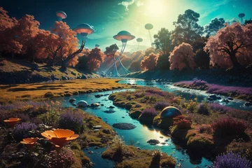 Foto op Canvas alien planet landscape, mountains, river and strange plants, generative ai illustration © Tiziano Cremonini