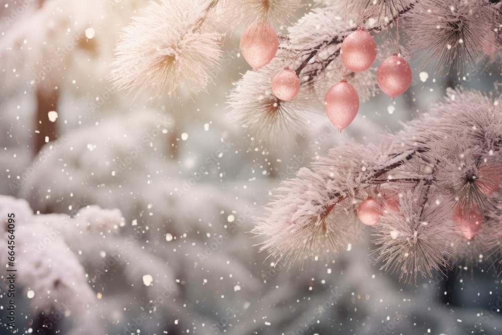 Poster a close up of a tree with snow on it's branches. generative ai