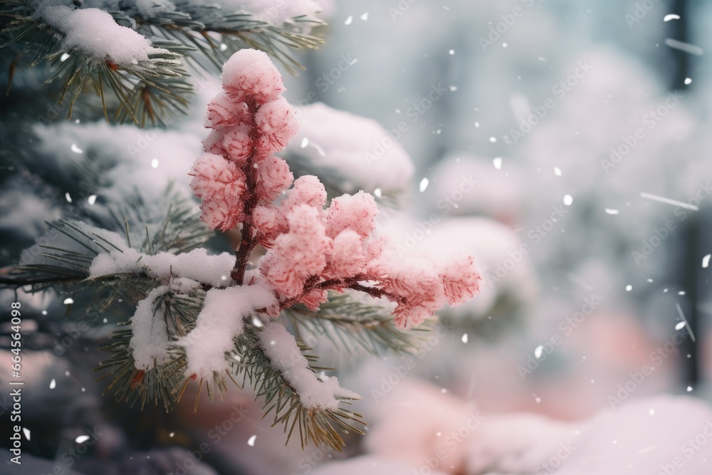 Poster a close up of a pine tree with snow on it. generative ai