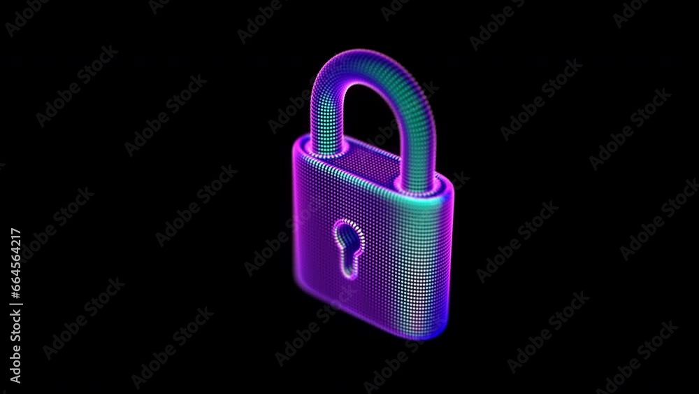 Poster rotating 3d icon of glowing neon padlock. abstract concept of digital data protection, cyber securit