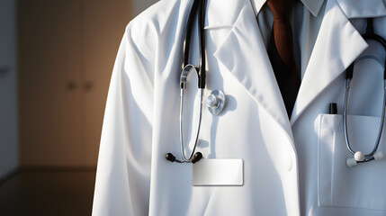 Detail of physician's white coat showcasing blank name badge mockup - obrazy, fototapety, plakaty