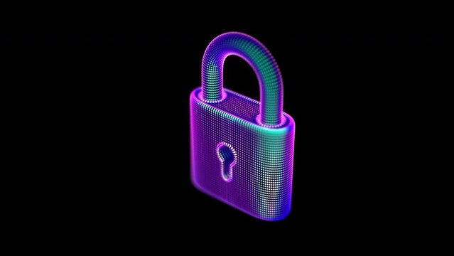 Rotating 3D icon of glowing neon padlock. Abstract concept of digital data protection, cyber security and personal data privacy. Looped animation of closed blue pixelated pad lock on black background