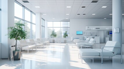 a contemporary hospital, highlighting the minimalist design, clean lines, and soothing colors that contribute to a calm and healing environment.