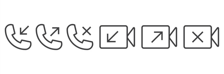 Simple set of Call and video call icons in linear style. Telephone  icons with symbol of caller, missed, outgoing and incoming. Set of signs for support. Vector illustration.