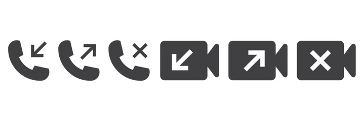 Simple set of Black Call and video call icons in Flat style. Telephone  icons with symbol of caller, missed, outgoing and incoming. Set of signs for support. Vector illustration.