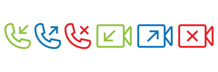 Icon set of Call and video call. Phone calling icons accept and decline. Incoming call icons. Telephone  icons with symbol of caller, missed, outgoing and incoming. Set of signs for support. Vector