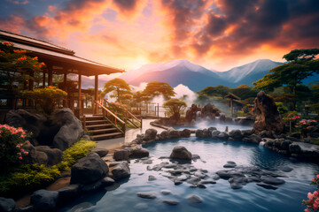 A hot spring in Japan. Spa treatments in Japanese style. Relaxation and jacuzzi. Body rest. - obrazy, fototapety, plakaty
