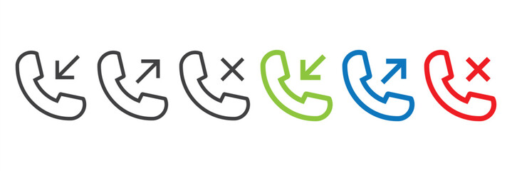 Call phone flat icon set. Telephone call icons with symbol of caller, missed, outgoing and incoming. Set of signs for support. Interface buttons for mobile connection. Vector illustration.