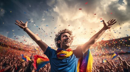 Footballing Pride - A championship spectacle with fans, joy, and disappointment, where a goal is scored with European flags - obrazy, fototapety, plakaty