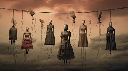mannequins women puppets holded by wires on dramatic sky background