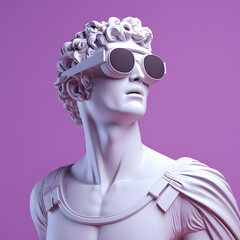 A beautiful statue of Apollo with glasses on a violet background. Minimal modern concept