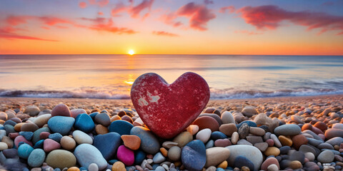 Fototapeta premium Heart-shaped stone on a pebble beach, illuminated by the warm colors of a sunset.