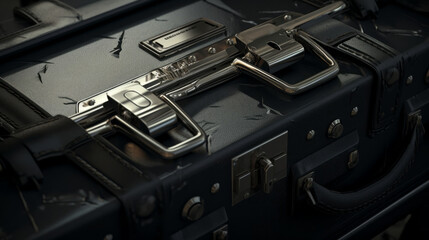 A close-up of a briefcase, with a combination lock and a silver handle 