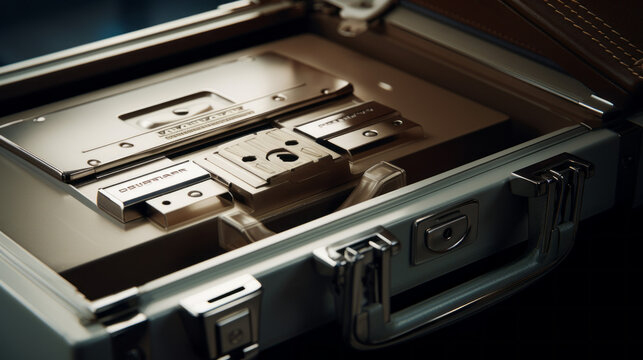 A close-up of a briefcase, with a combination lock and a silver handle 