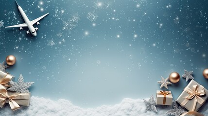 Merry Christmas and Happy Holidays greeting card, frame, banner. New Year. Christmas ornaments and gift on plane, background.