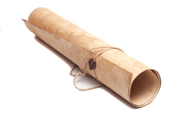 Scroll of vintage paper with sealing wax isolated on white.