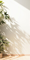 Vertical framing border with tropical leaves arrangement and leave shadow on white background backdrop and copy space.