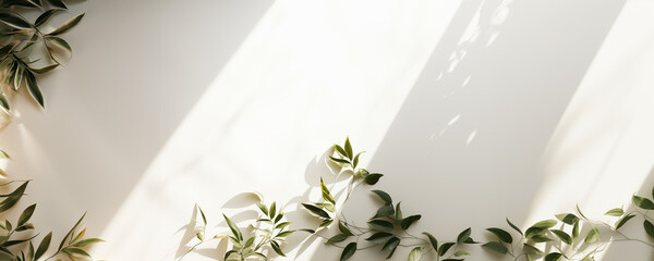 Ultra wide, framing border with tropical leaves arrangement and leave shadow on white background backdrop and copy space.