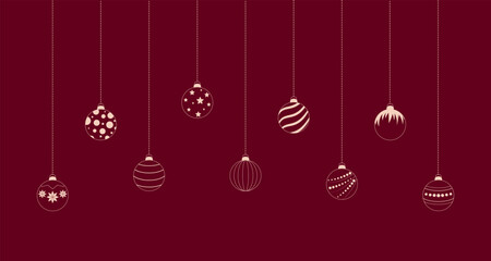 Christmas red background with balls. Christmas decoration for greeting card, poster, banner, advertising. Vector illustration. 