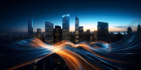 The Digital Tapestry: Glowing Blue Lines Surround a Modern Skyscraper in New York, Symbolizing the...