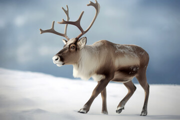 Reindeer in winter walking through the snwo