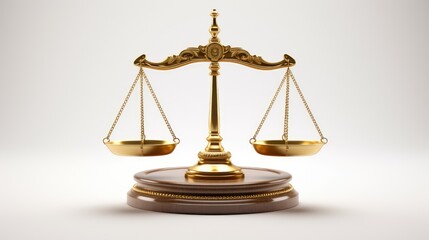 Balancing Justice - Highlight the importance of balanced judgment with a 3D illustration of gold scales, isolated on white, symbolizing legal accuracy and equality in society.